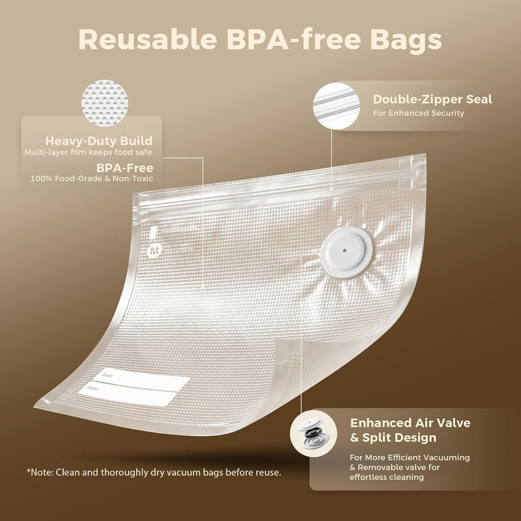 Bolsas reutilizables selladoras al vacío para alimentos – 30 sin BPA medianas (10 × 11 pulgadas) con bolsas de almacenamiento de alimentos, aptas para microondas y congelador, resistentes a olores, a