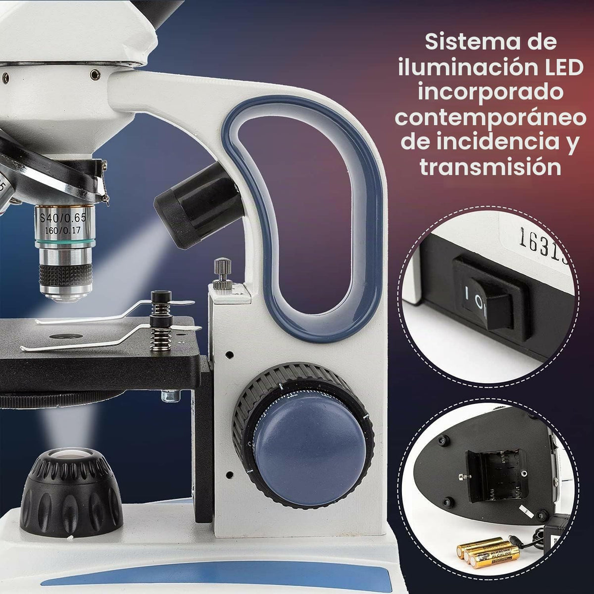 AmScope Microscopio monocular compuesto inalámbrico digital M158C-2L-E1, oculares WF10x y WF25x, aumento de 40x-1000x, iluminación LED superior e inferior con reóstato, Brightfield, condensador de una