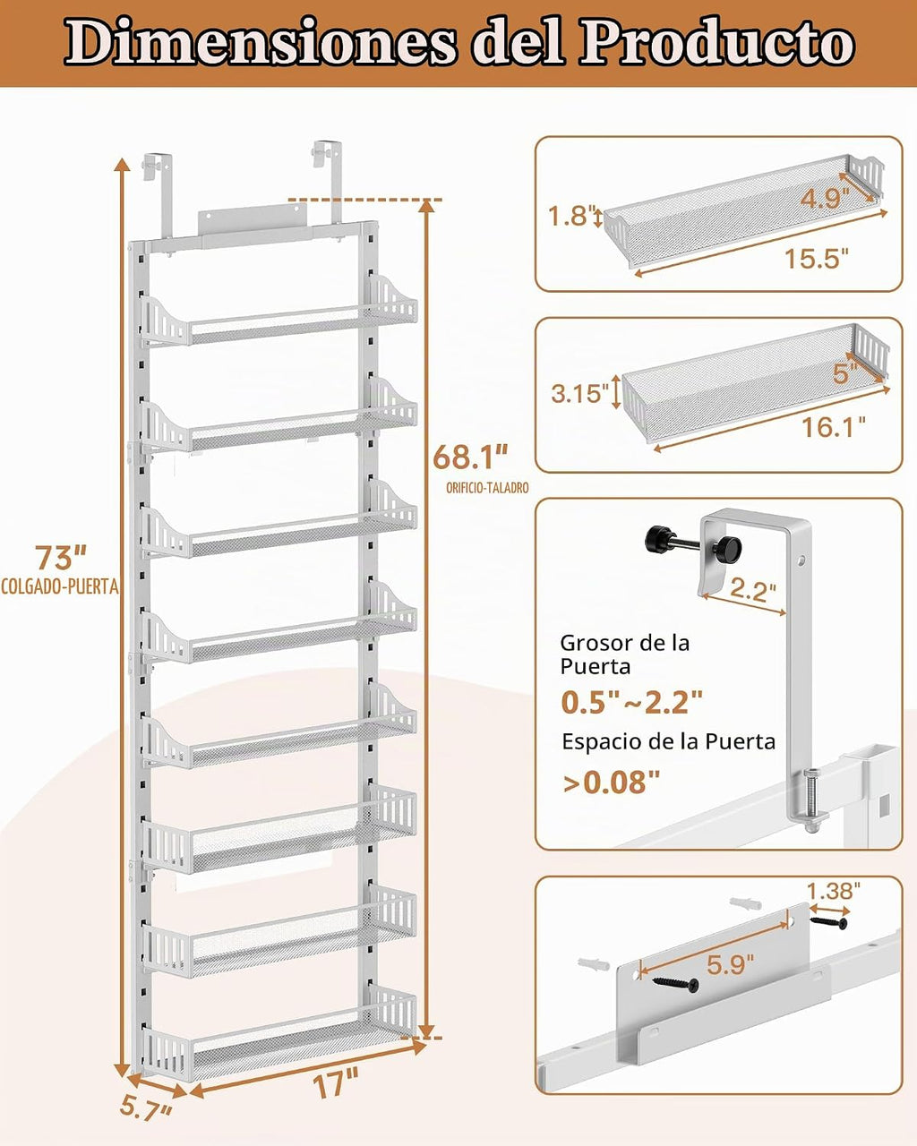 Organizador de despensa para puerta de 8 niveles, estante de especias grande de metal para puerta con cesta ajustable, soporte de pared 2 en 1 o colgante para puerta de despensa