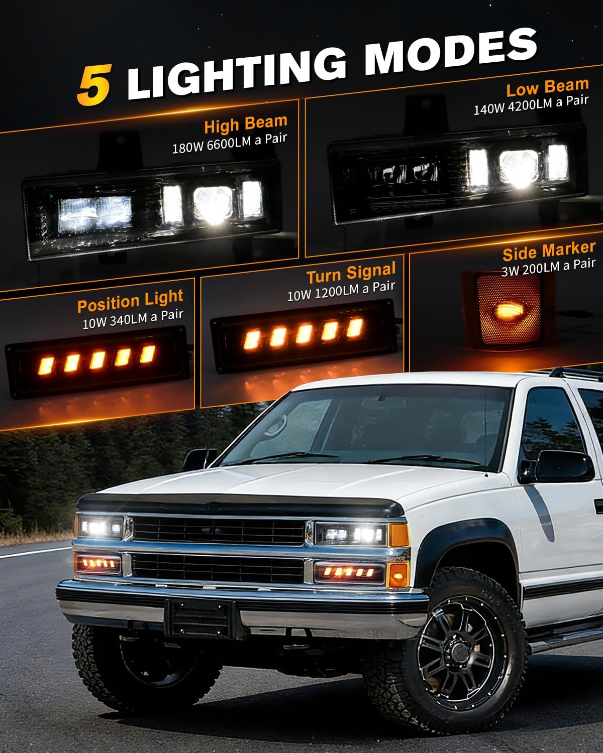 BICYACO - Faros delanteros LED DOT 5 en 1 para Chevy C/K Silverado Tahoe 1994-1999