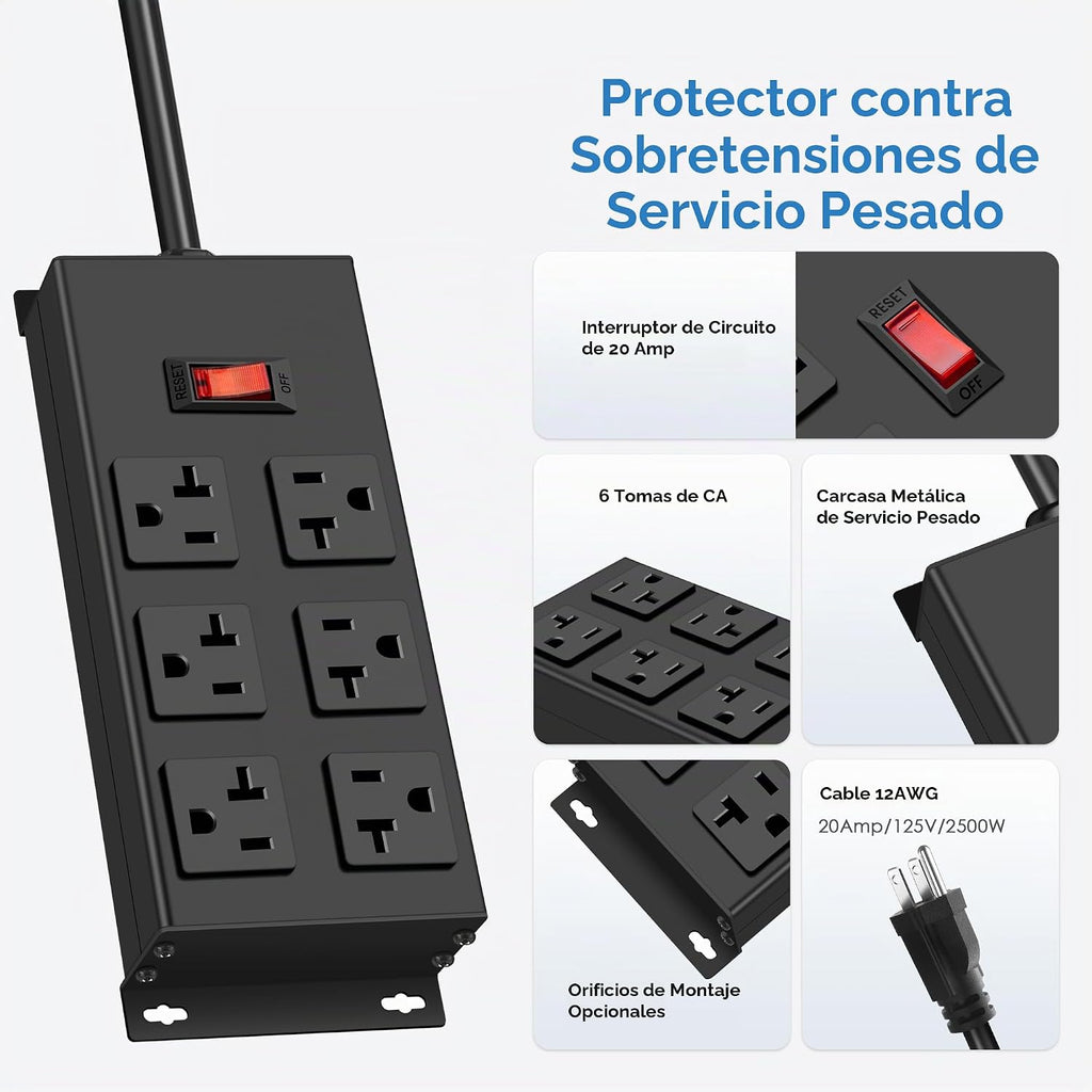 Regleta de alimentación resistente de 20 amperios, garaje 6 salidas de metal calibre 12, protector de sobretensiones 3000J, adaptador 5-15P de alto amperio para taller 6-20R ranura en T