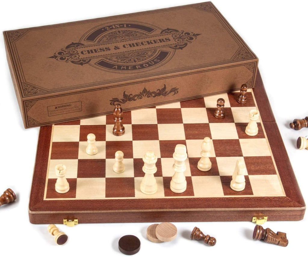 AMEROUS Juego de ajedrez y damas de madera magnética de 15 pulgadas (2 en 1), tablero plegable, caja de regalo, 24 piezas de alegría, 2 reinas adicionales, juego de ajedrez para principiantes para niños y adultos