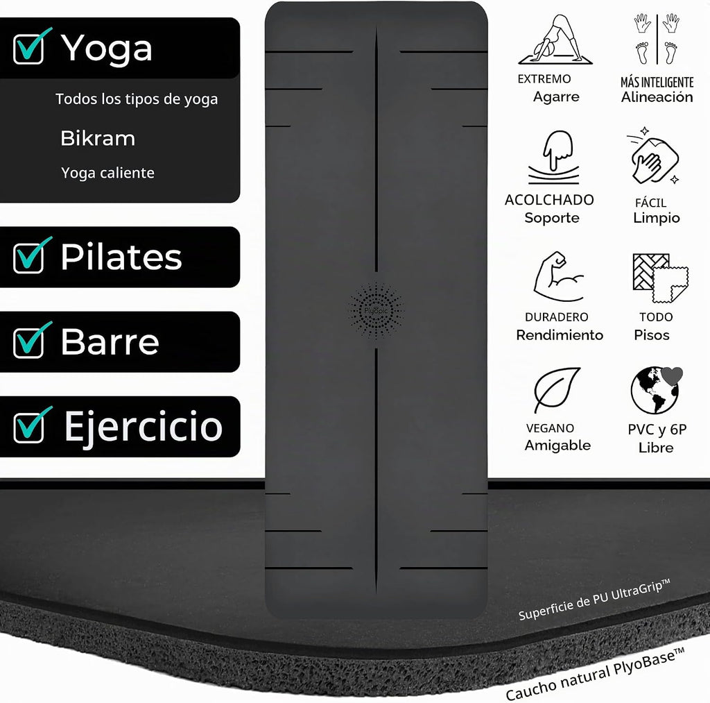 Plyopic. Alfombrilla de Yoga Ultra-Grip Pro – Rendimiento Antideslizante EXTREMO - Agarre en Seco y Agarre Húmedo - Líneas de Alineación - Cómoda y Resistente al Sudor - Para Yoga, Pilates, Ejercicio