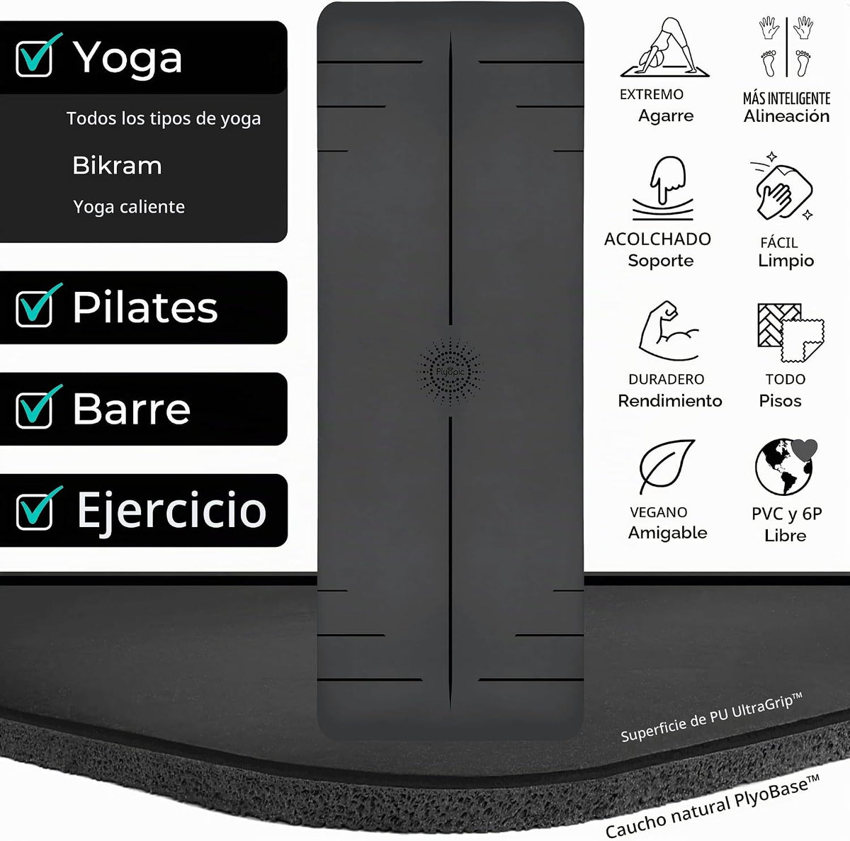 Plyopic. Alfombrilla de Yoga Ultra-Grip Pro – Rendimiento Antideslizante EXTREMO - Agarre en Seco y Agarre Húmedo - Líneas de Alineación - Cómoda y Resistente al Sudor - Para Yoga, Pilates, Ejercicio
