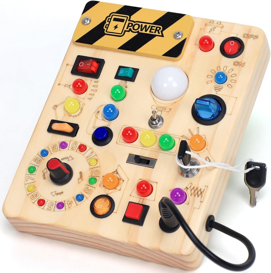Tablero de actividades con interruptores de luz LED, juguetes Montessori para niños de 1, 2, 3 años, tablero de actividades sensoriales de madera para niños pequeños, juguetes de viaje para niños y niñas de 1 año o más, regalo de cumpleaños
