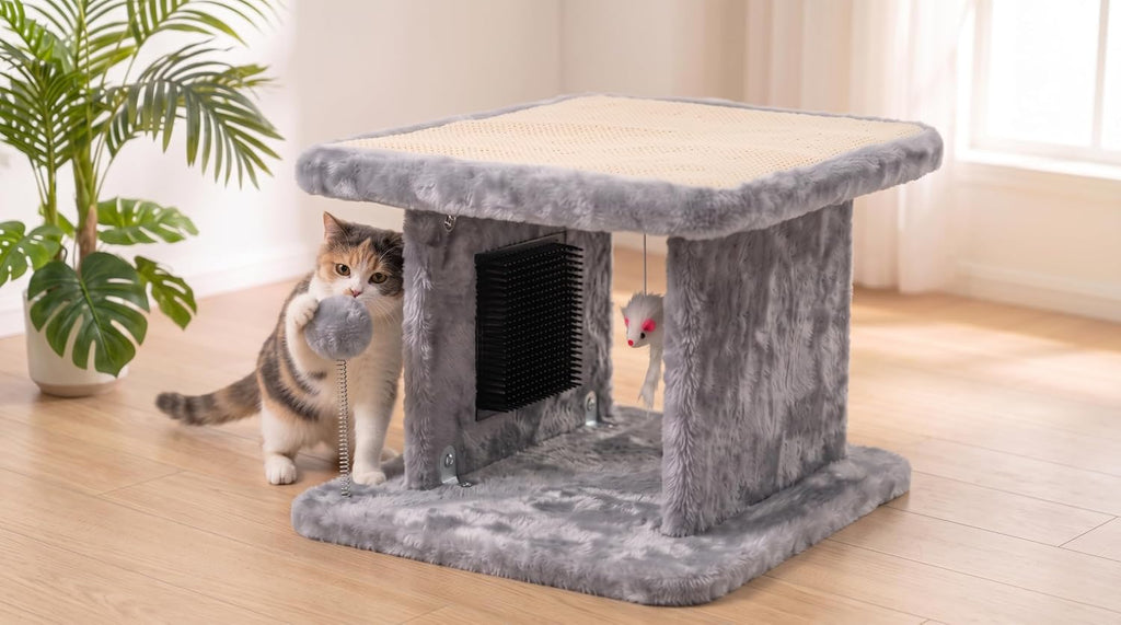 Cama grande para gatos con poste rascador y tabla de peinar