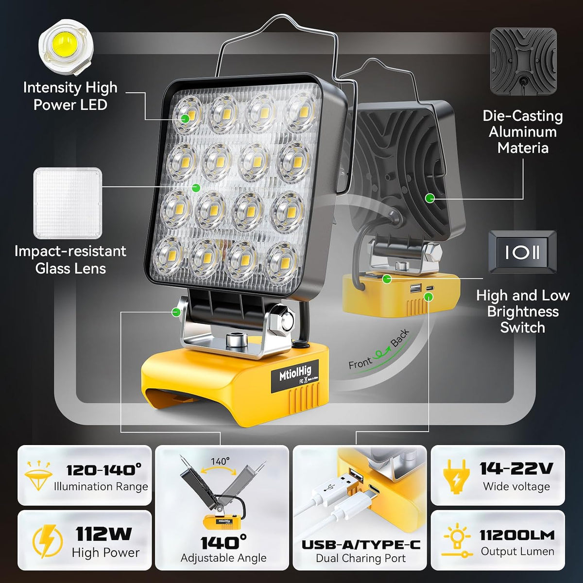 2 luces de trabajo LED inalámbricas compatibles con batería Dewalt de 20 V