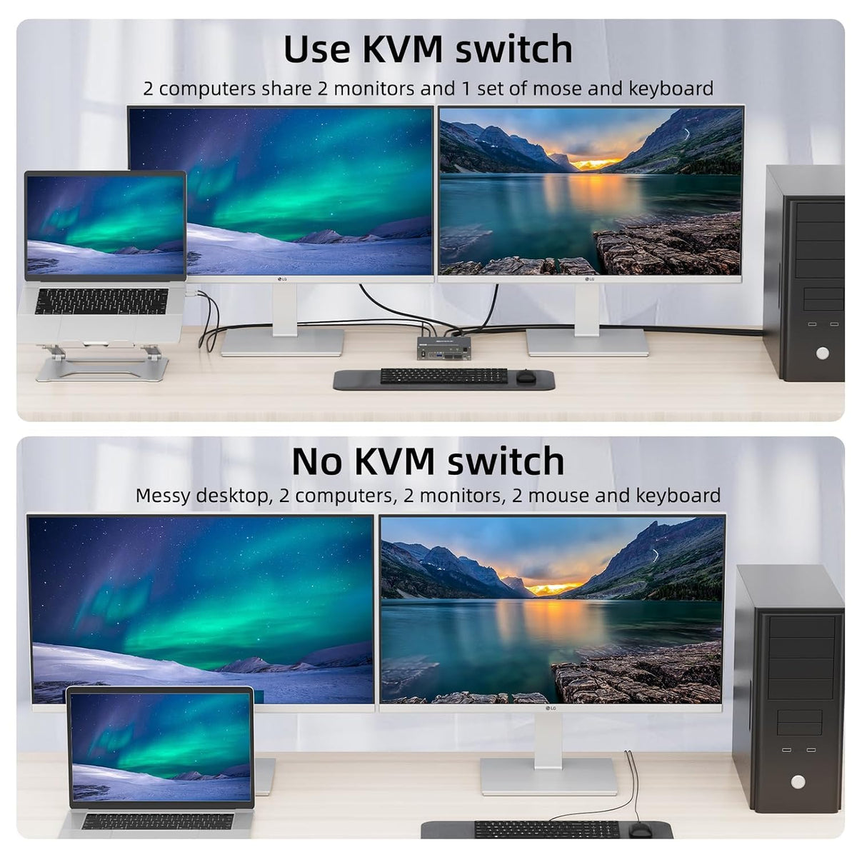Conmutador KVM 2 monitores 1 ordenador portátil 1 escritorio