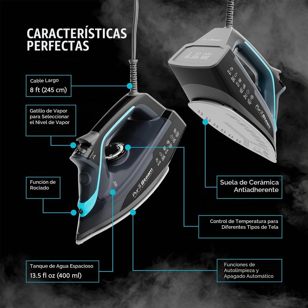 Pursteam Plancha de Vapor para Ropa 1700W con Suela Autolimpiante Antiadherente de Acero Inoxidable, Apagado Automático, Antigoteo