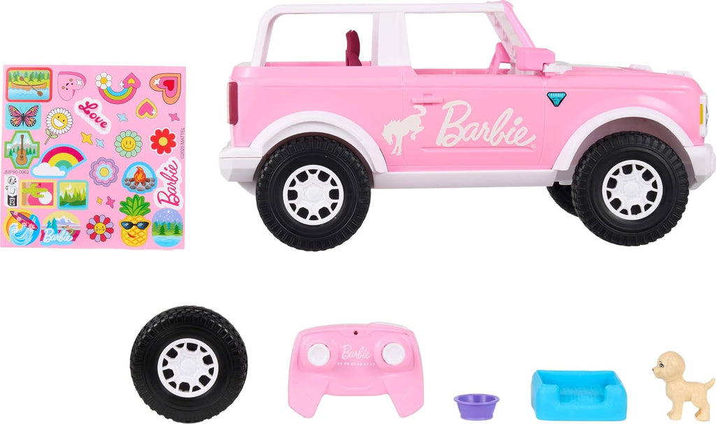 Hot Wheels RC Barbie Ford Bronco - Auto de juguete con control remoto, vehículo RC con accesorio para cachorros, cama y cuenco para perro, además de calcomanías para personalización, se adapta a 2