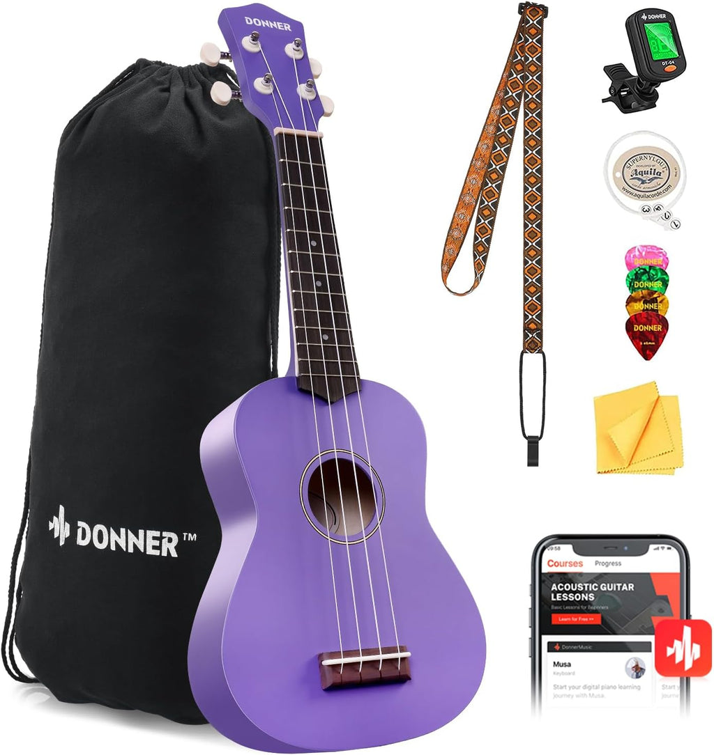 Donner Ukelele soprano para principiantes, ukelele mate de 21 pulgadas, kit para principiantes con correa para bolsa, afinador, cuerdas, púas de tela, lecciones en línea gratuitas (morado)