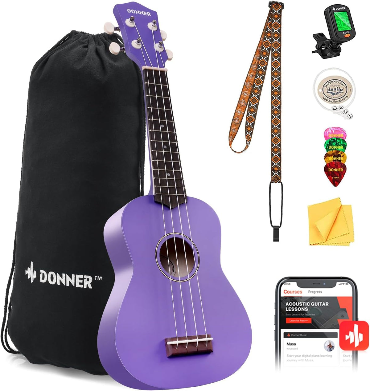 Donner Ukelele soprano para principiantes, ukelele mate de 21 pulgadas, kit para principiantes con correa para bolsa, afinador, cuerdas, púas de tela, lecciones en línea gratuitas (morado)