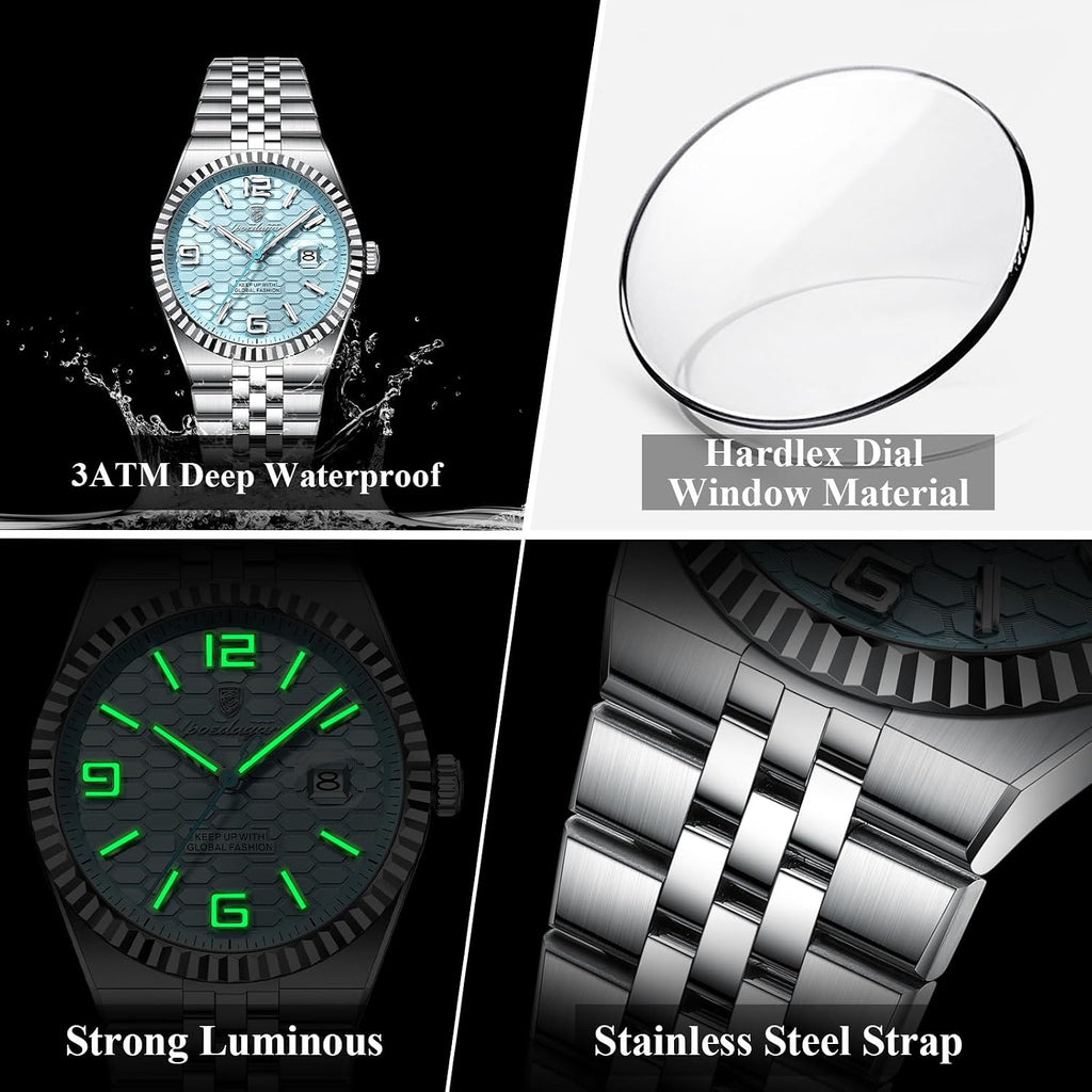 Poedagar Reloj de moda para hombre, impermeable, luminoso, fecha, de lujo, acero inoxidable, clásico, de cuarzo, relojes para hombres de negocios