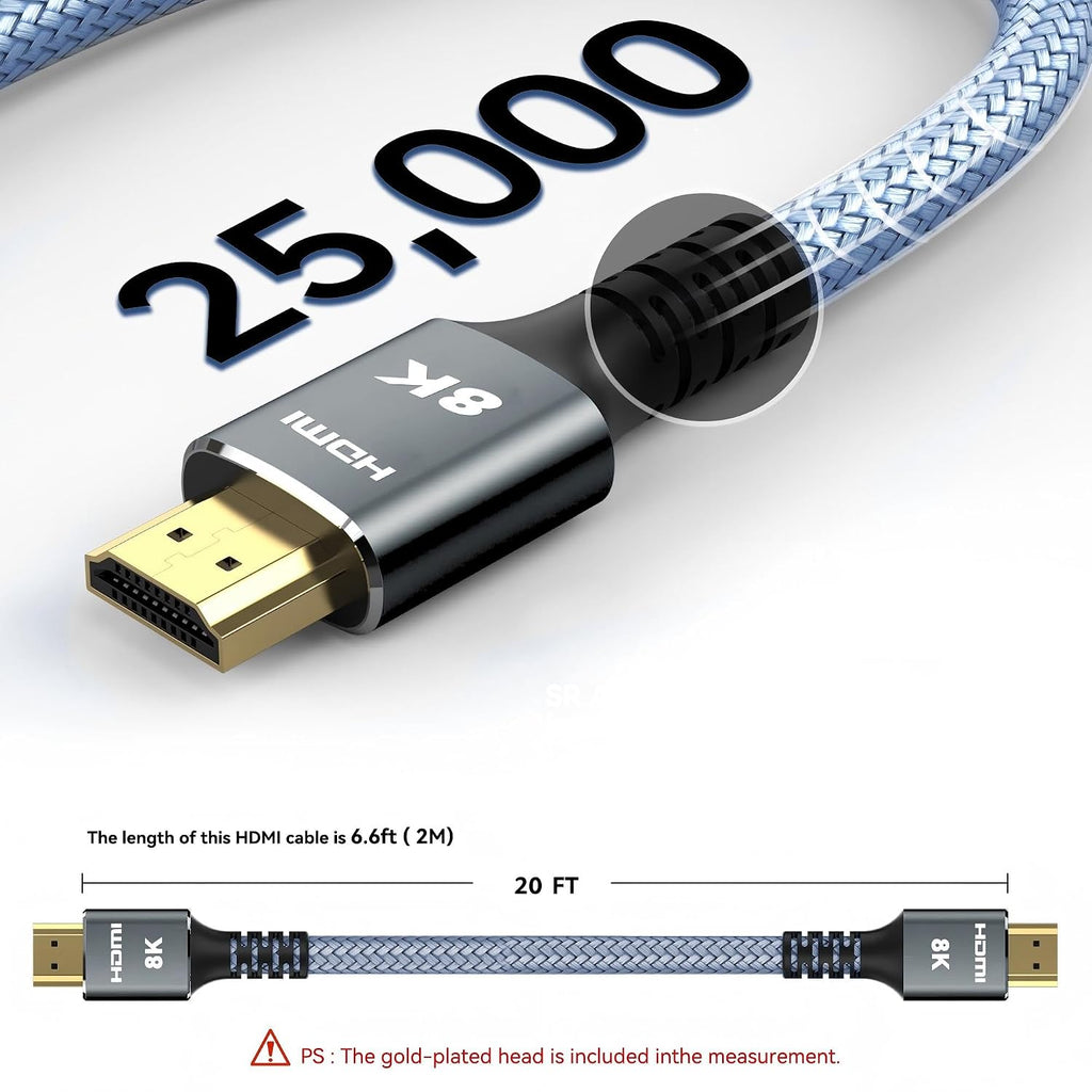Cable HDMI 8K 10K 4K 2.1 48Gbps de nailon trenzado, 20 pies (20 ft)