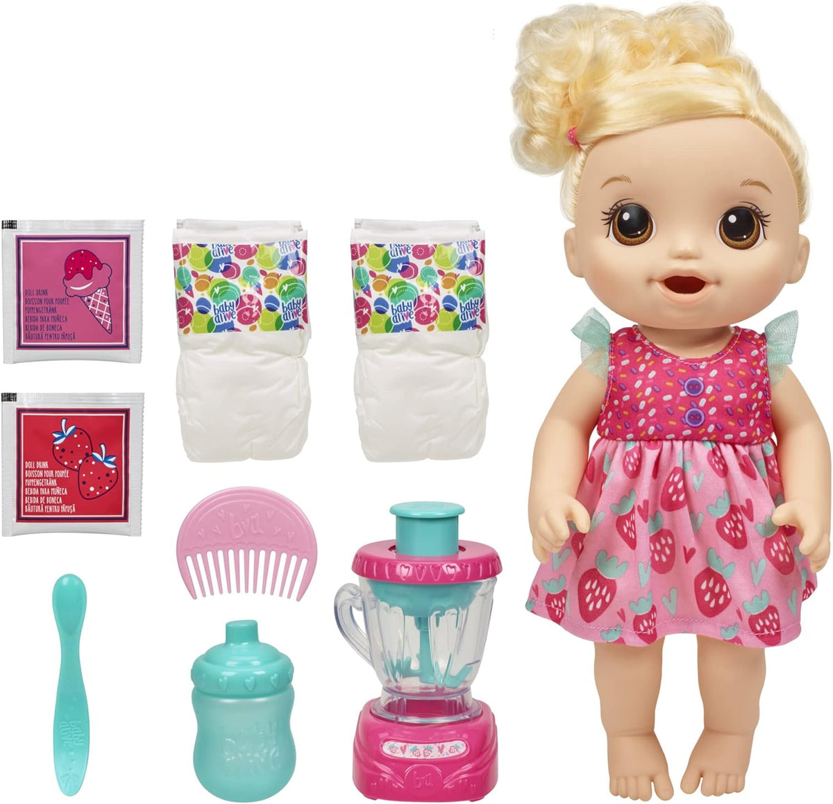 Baby Alive Muñeca Baby Mezcladora Mágica, Batido de Fresa, Muñeca c...