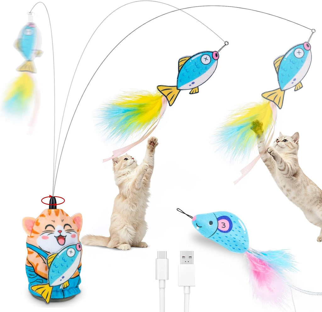 Migipaws Varita de juguete automática para gatos con ventosa, bonita base de gato, teaser interactivo recargable para gatos de interior