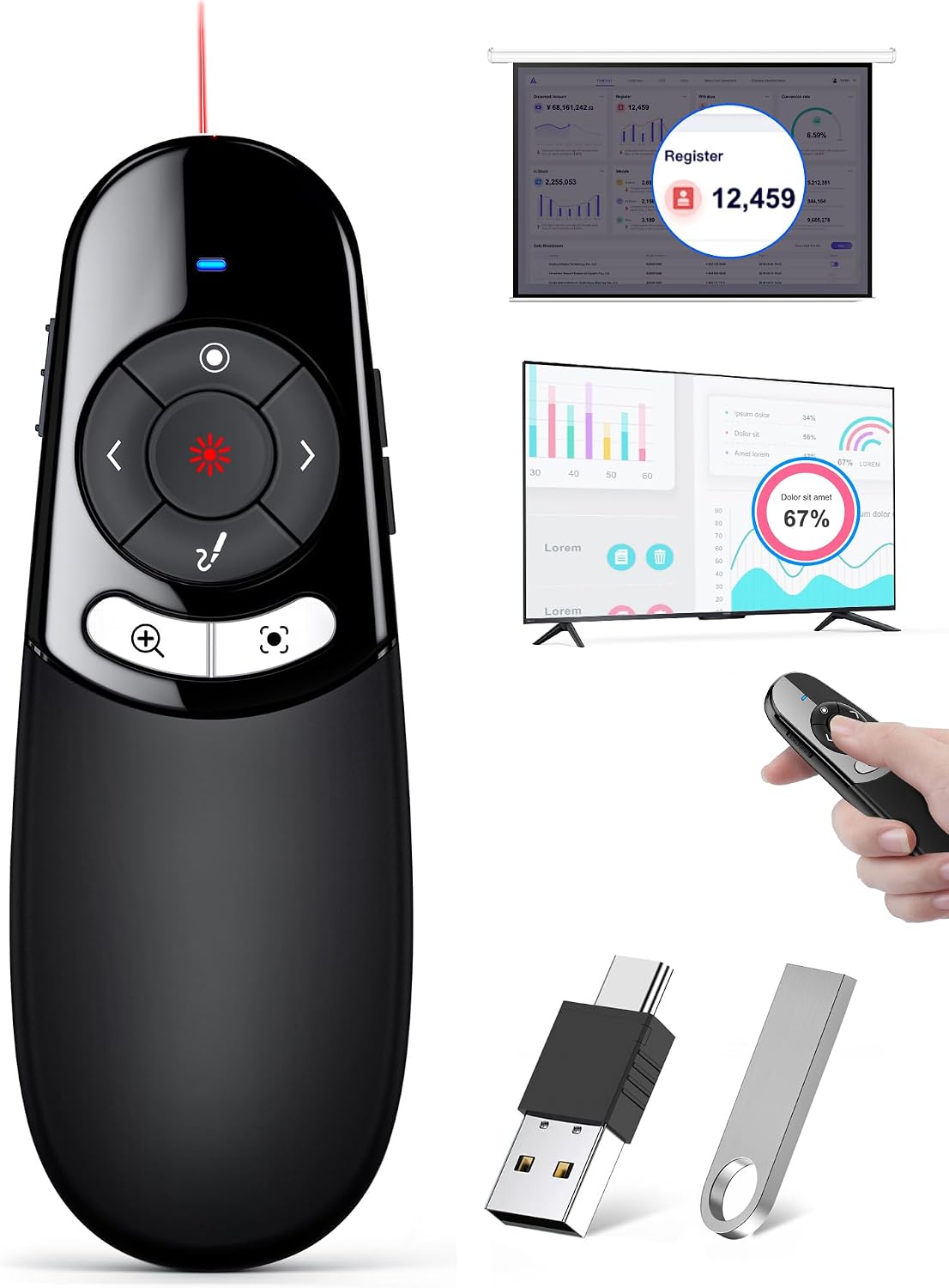 Puntero láser 2 en 1 para presentación digital, clicker en pantalla de TV con unidad flash USB, clicker de resaltado para presentación de PowerPoint USB C A para computadora portátil, MacBook, clicker PPT para aula de oficina