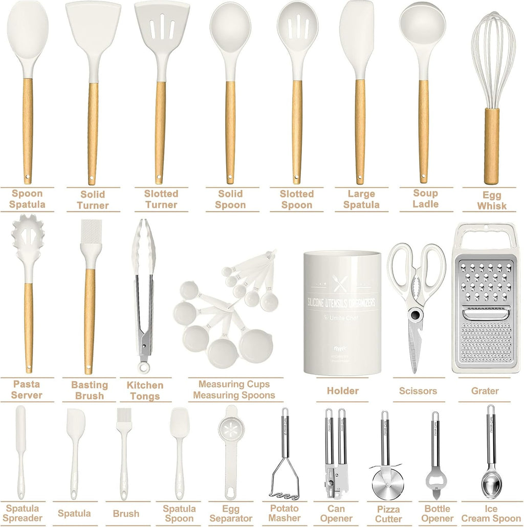 Umite Chef - Juego de utensilios de cocina de silicona, 34 piezas de utensilios de cocina resistentes al calor y herramientas con rallador, mangos de madera color crema blanca para utensilios de