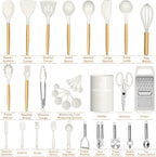 Umite Chef - Juego de utensilios de cocina de silicona, 34 piezas de utensilios de cocina resistentes al calor y herramientas con rallador, mangos de madera color crema blanca para utensilios de