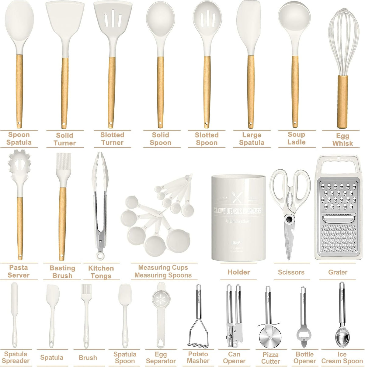 Umite Chef - Juego de utensilios de cocina de silicona, 34 piezas de utensilios de cocina resistentes al calor y herramientas con rallador, mangos de madera color crema blanca para utensilios de