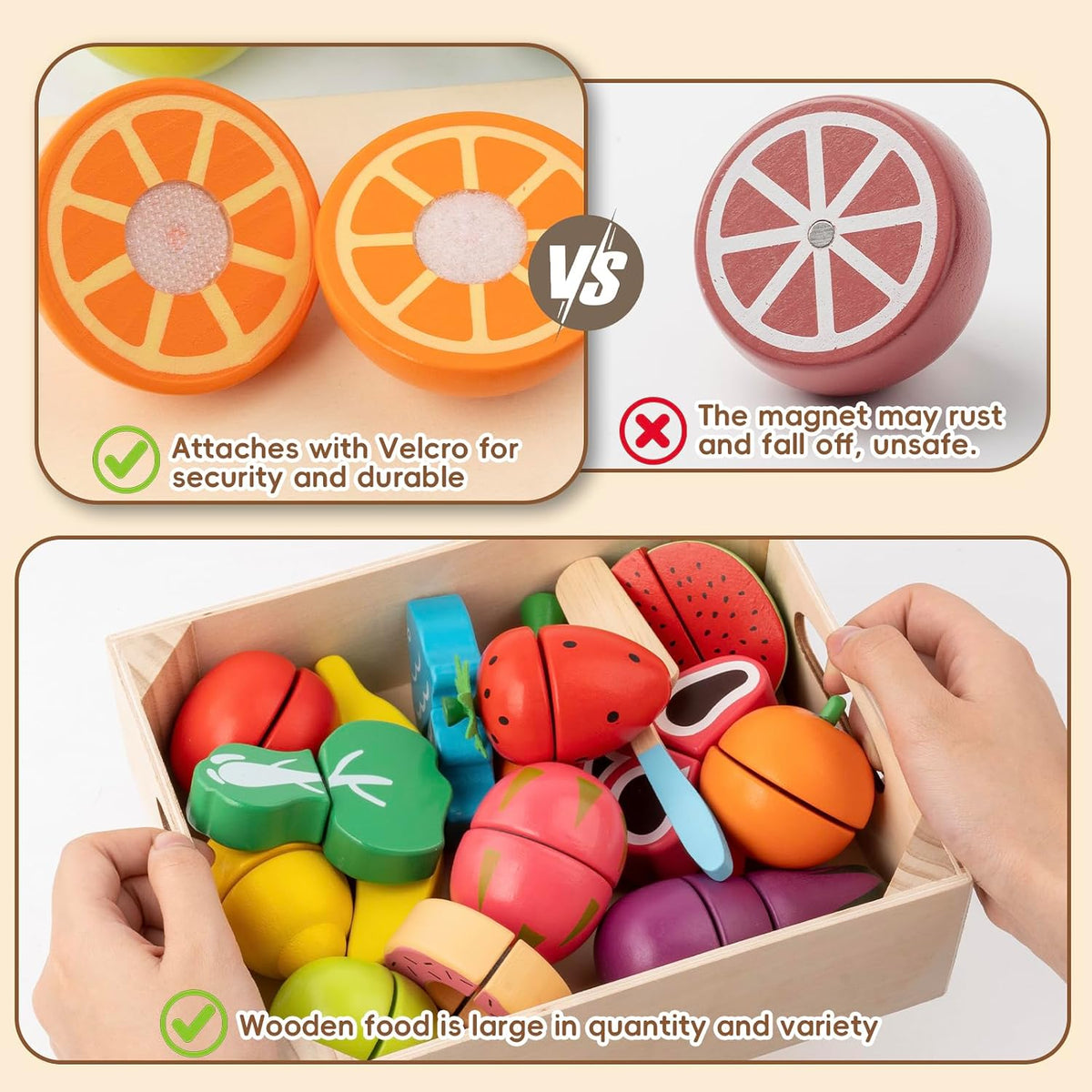34Pcs Wooden Play Food para Toddlers - Toy Food con Velcro Fruit & Veggies