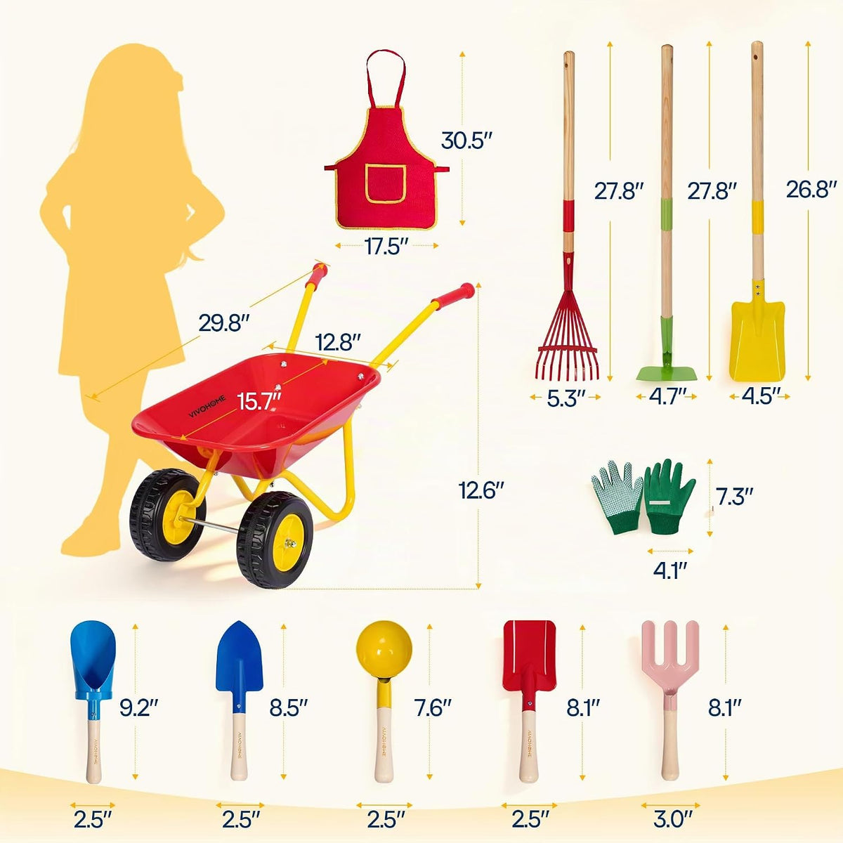 VIVOHOME Carretilla para niños 11PCS Set Niños Jardín Carro Rojo