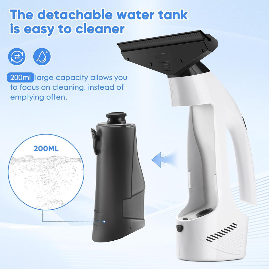 Aspiradora de ventana inalámbrica, 2000 Pa, limpiador eléctrico recargable de ventana con tanque de agua de 6.8 fl oz, kit de limpieza con botella de spray y almohadilla de microfibra para vidrio