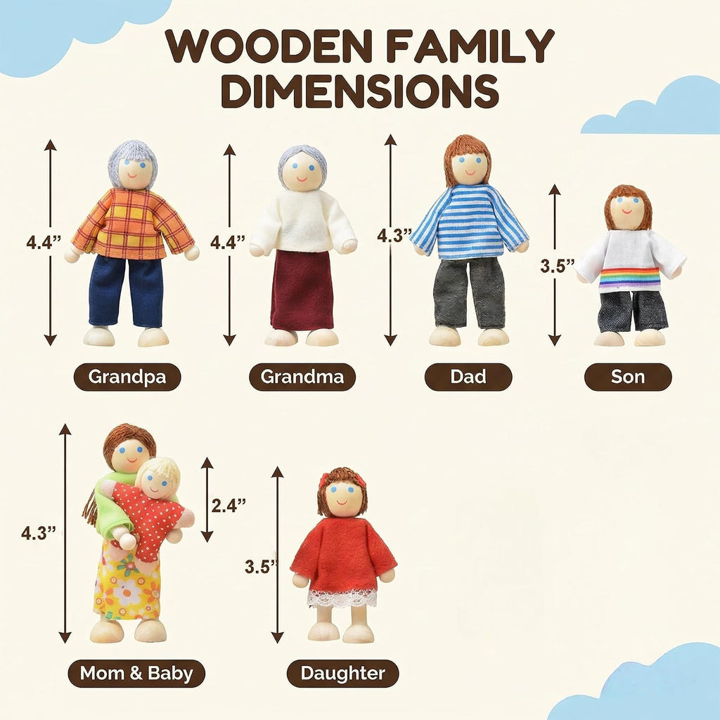 Juego de 14 piezas de casa de muñecas de madera con extremidades móviles, mini figuras de personas para jugar en casa de muñecas