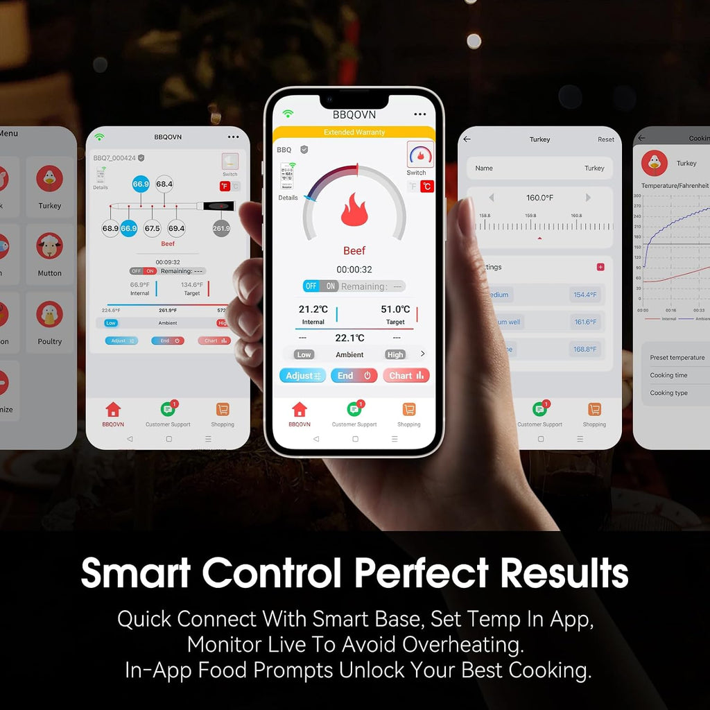 Termómetro inalámbrico inteligente WiFi para carne con alcance ilimitado, 7 sensores certificados NIST, precisión de ±0.5°F, Sub-1G (10 veces más fuerte que Bluetooth), APP y base digital