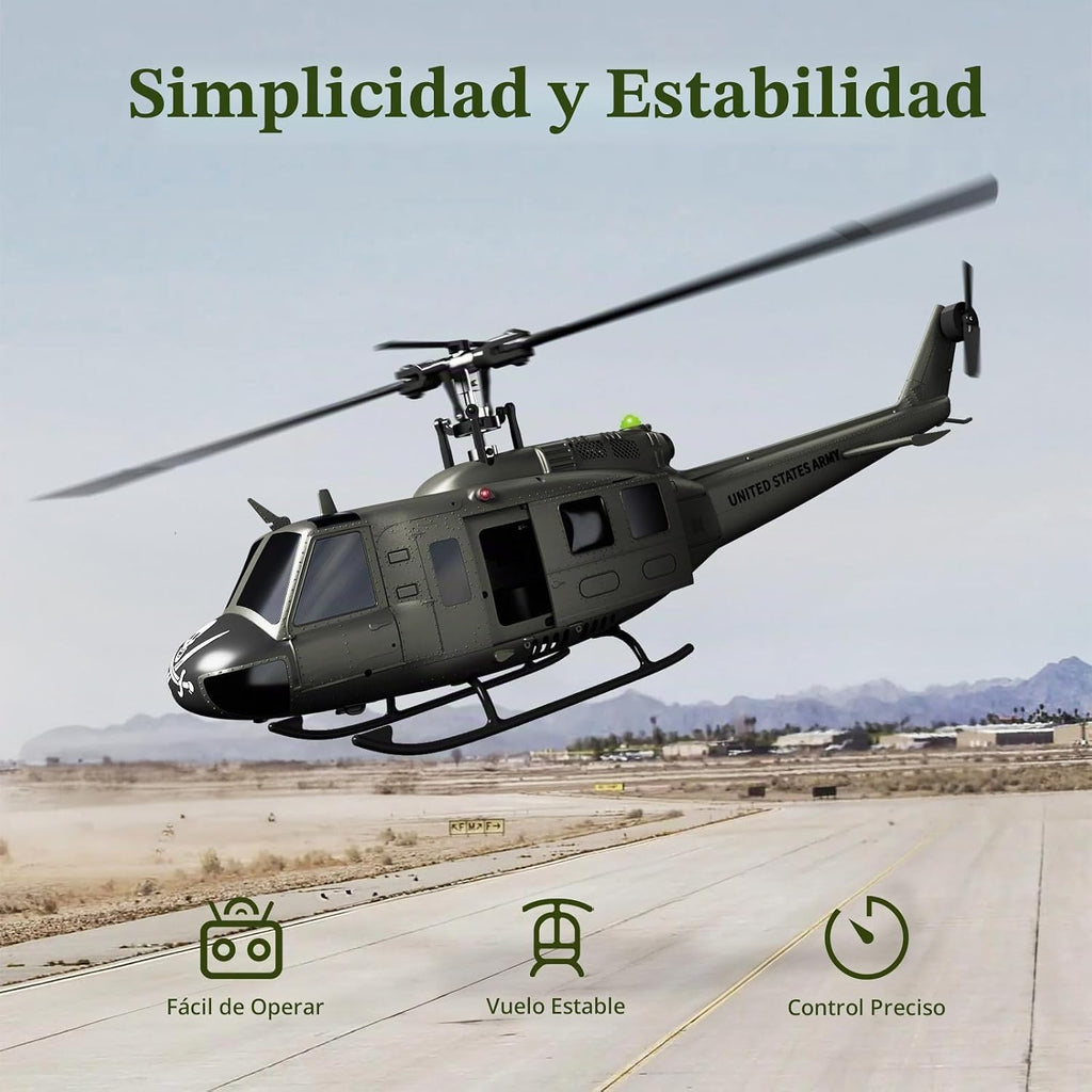 Helicóptero RC UH-1 - Helicóptero de control remoto coleccionable Huey con vuelo estacionario automático para adultos, principiantes, escala 1/27, 2 baterías