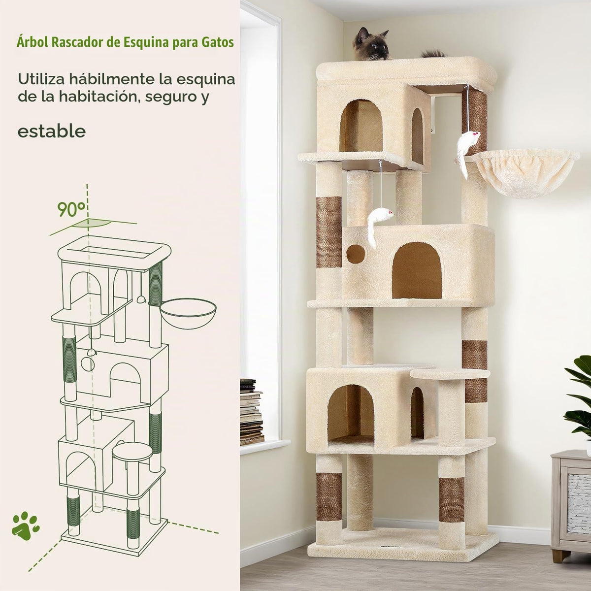 Globlazer Árbol de Gato de Rincón de 66 Pulgadas, Torre de Escalada de Varios Niveles para Gatos de Interior, Condominios para Gatitos, Torre de Rascado para Gatos con Plataforma Grande, 3 Cuevas para