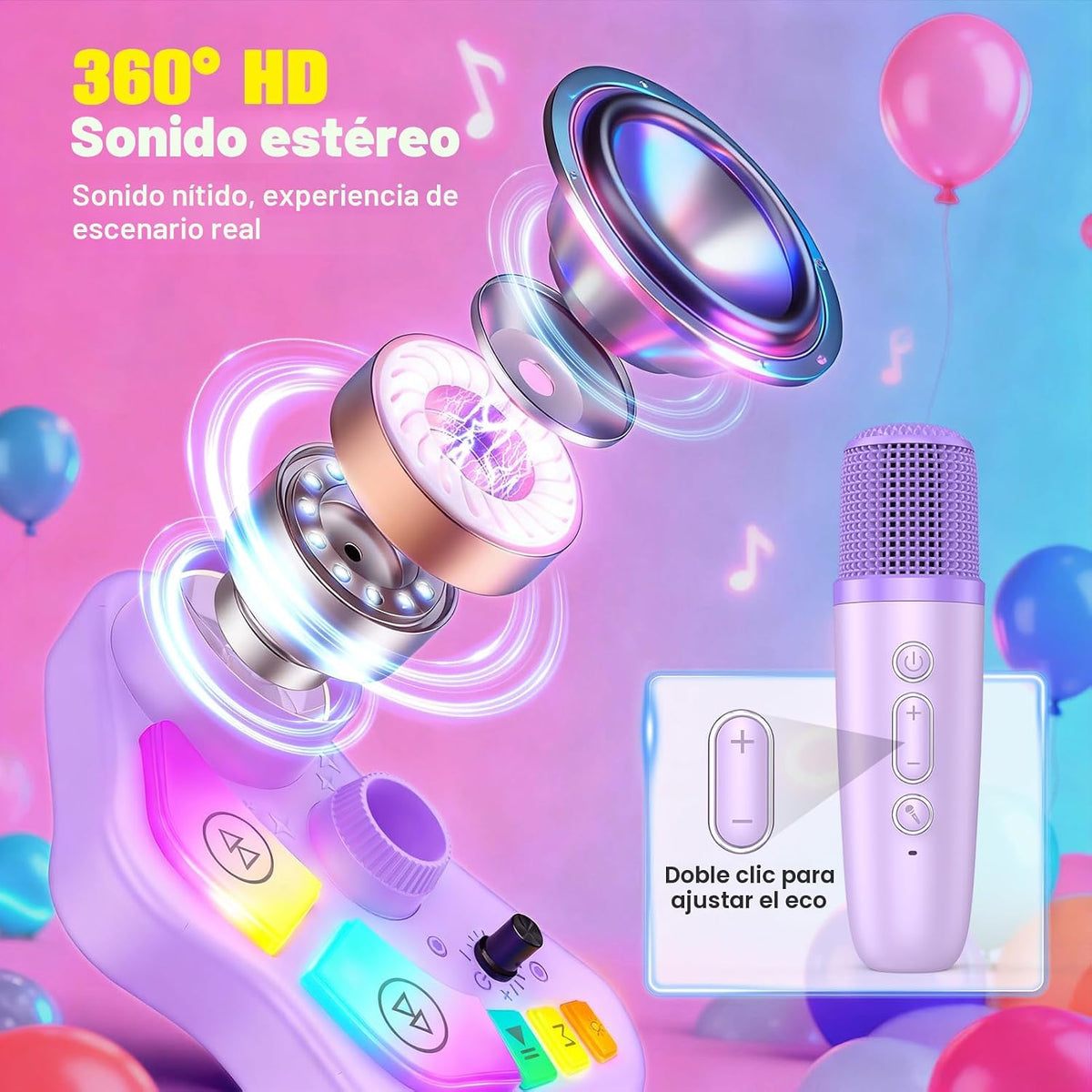 Máquina de karaoke con soporte para niños, juguetes de canto de Navidad, regalos para niñas de 3, 4, 5, 6, 7, 8 años, micrófono recargable para niños, altavoz Bluetooth con 2 micrófonos para niñas de