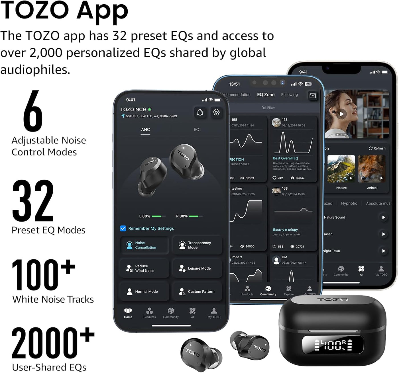 TOZO NC9 Auriculares inalámbricos híbridos con cancelación activa d...