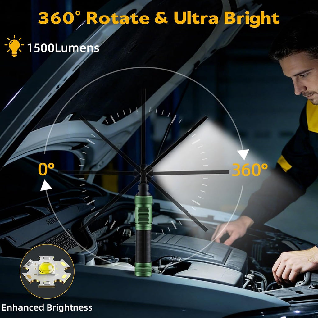 LNRYY Paquete de 2 luces de trabajo magnéticas, 1500 lúmenes altos y luz de trabajo LED recargable de aluminio, 7 modos y rotación de 360°, luz mecánica para reparación de automóviles, regalos del día