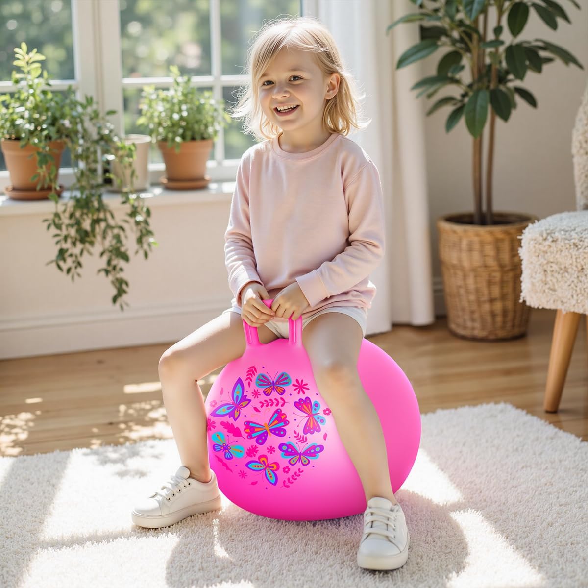 Pelota saltarina PlayZap para niños de 3 a 8 años, pelota hinchable rosa de 18 pulgadas con asas, juguetes inflables hippity hop para saltar y rebotar para interiores y exteriores para niños y niñas