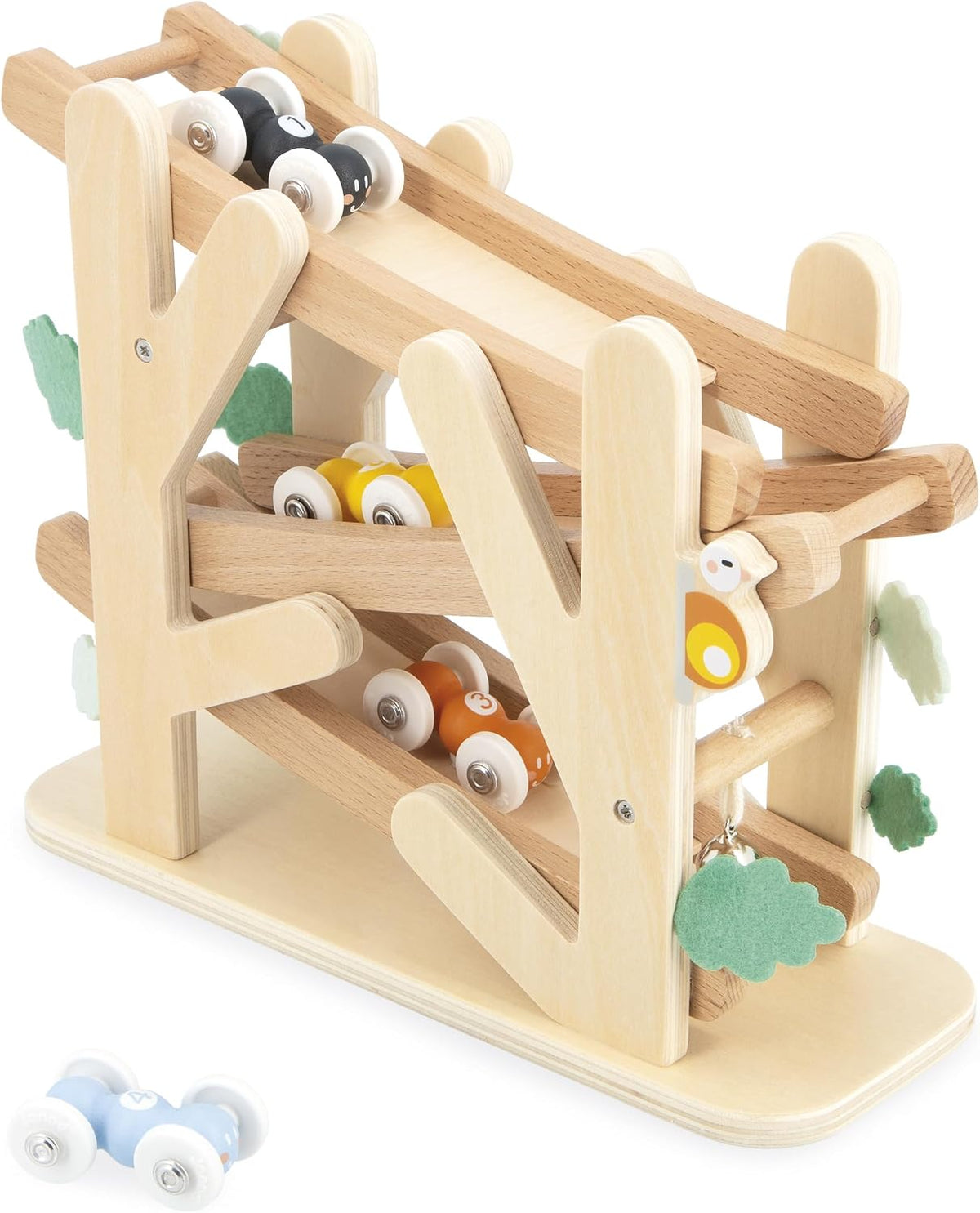 Janod - Tobogán de madera de 3 niveles - Tobogán de hormigas con 4 autos incluidos - Juguete de aprendizaje temprano y primera infancia - Entrenamiento de habilidades motoras finas - a partir de 1 año