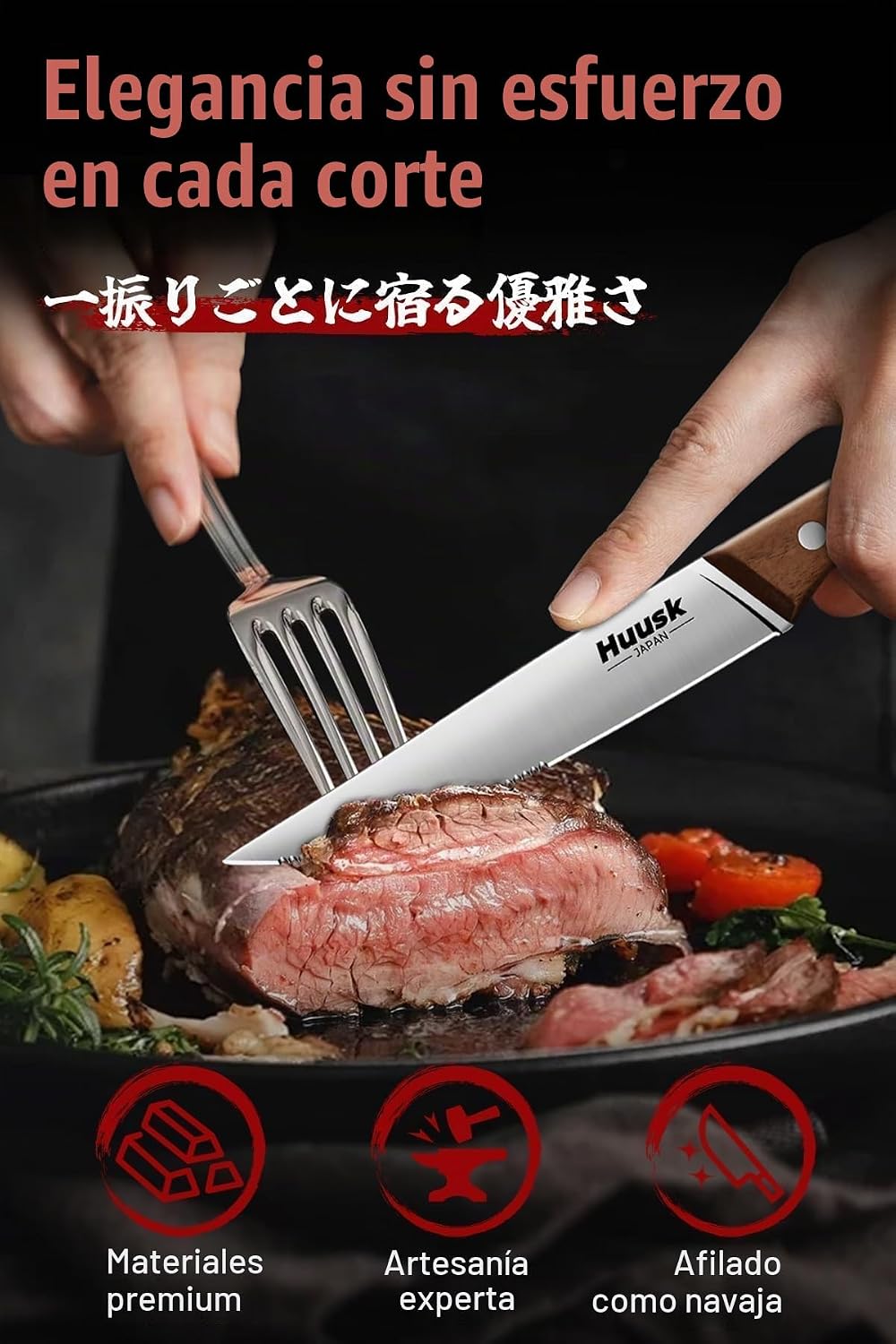 Huusk - Juego de 6 cuchillos para carne con bloque de madera