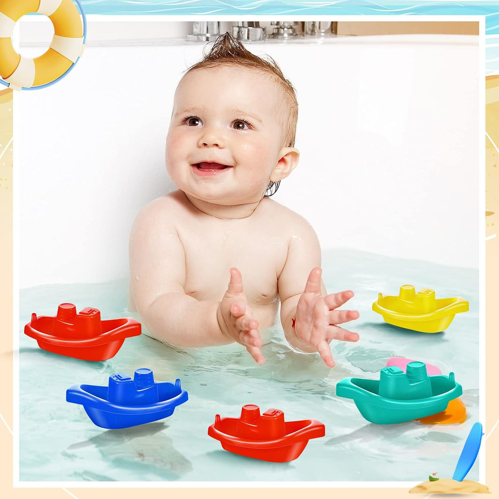 Woanger 100 juguetes de baño de barco pequeño, apilables, flotantes, juguetes de plástico para bebés y niños pequeños, piscina de verano y fiesta de bañera, vibrantes, 4 colores (colorido)