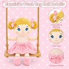 SQEQE Muñeca de bebé suave, muñecas de trapo de felpa de 11 pulgadas para regalo de cumpleaños de niña de 1 año, juguetes para bebés pequeños, cabello rubio dorado