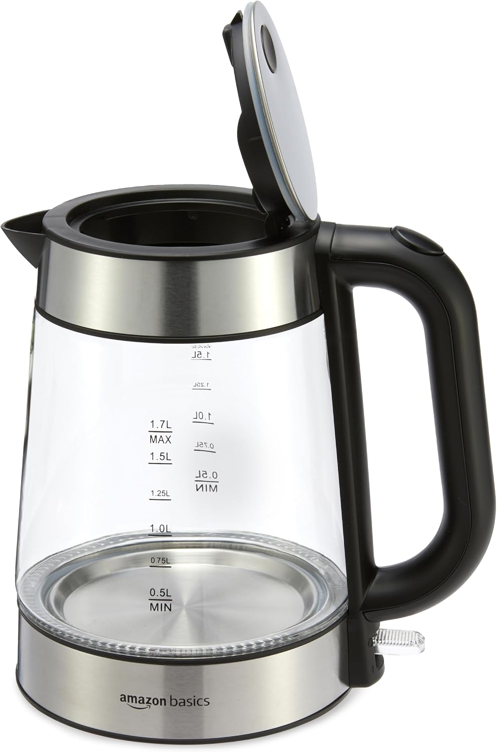 Amazon Basics Hervidor eléctrico con jarra de vidrio para té y café, sin BPA, de ebullición rápida, apagado automático, protección contra hervir, indicador de nivel de agua, 1.7 litros, 1500 W