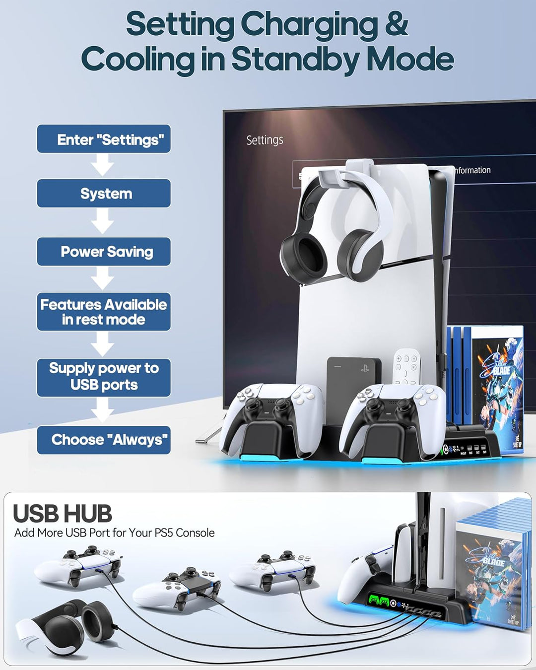 PS5\/Slim\/Pro Stand and Cooling Station with LED Controller Chargi...
