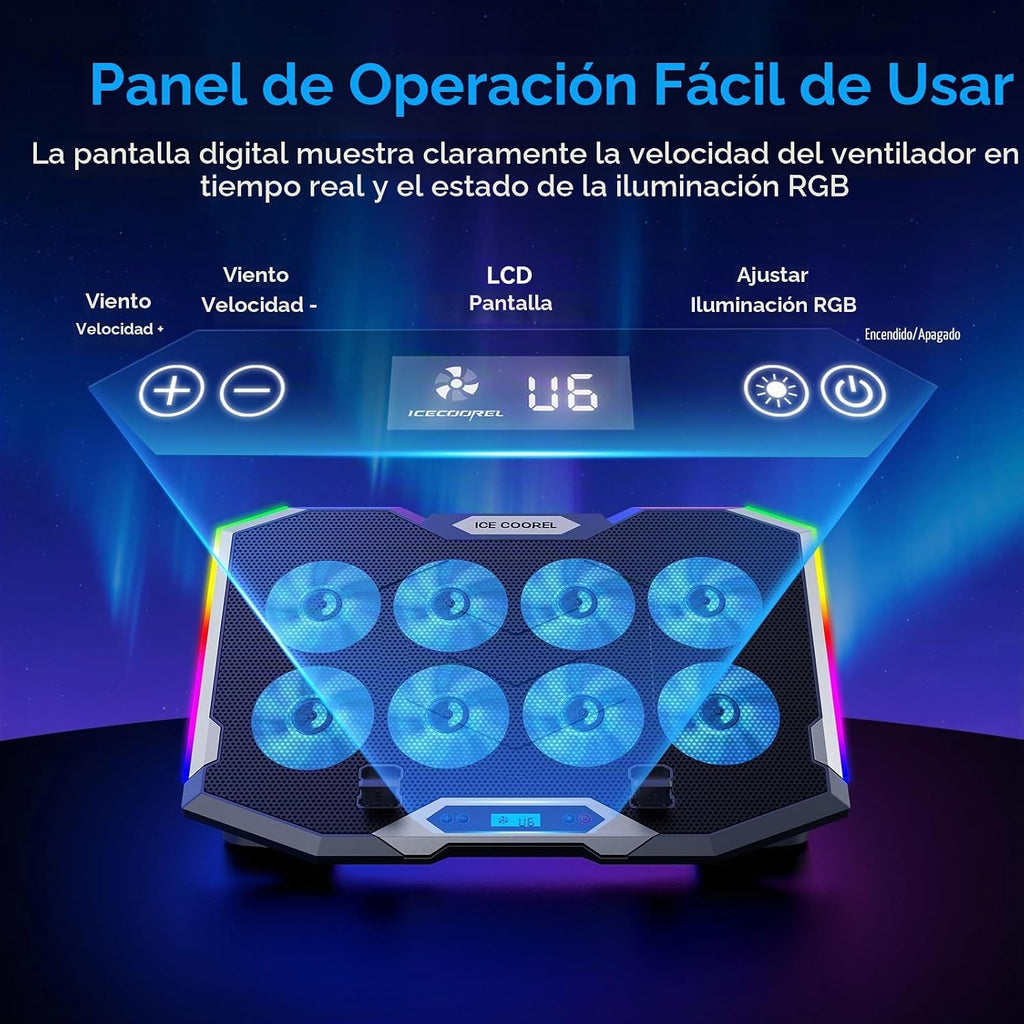 Almohadilla de refrigeración para laptop gaming con 8 ventiladores de refrigeración, almohadilla enfriadora de ventilador para laptop de 15 a 17.3 pulgadas, soporte enfriador para notebook