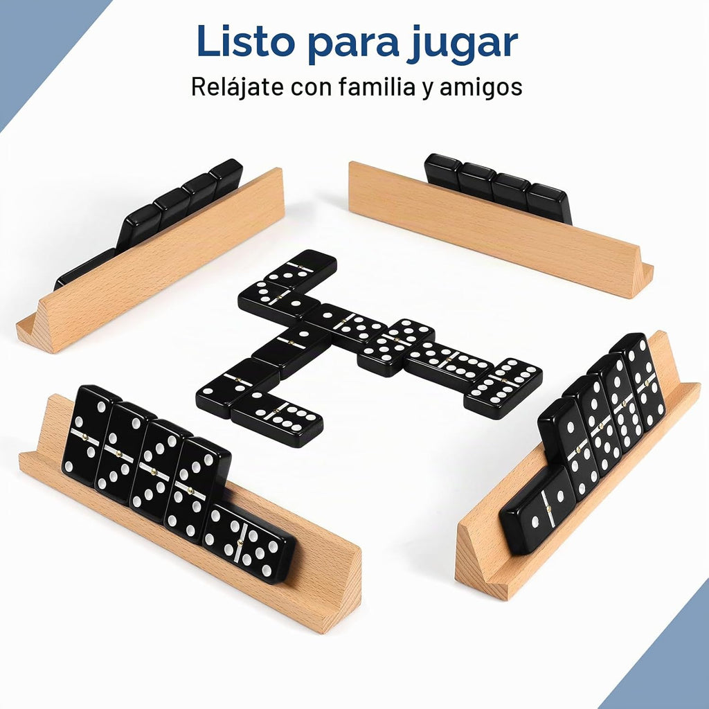 Juego de dominó jumbo para adultos con 4 bastidores de madera/bandejas, juego de viaje de 6 dominó dobles con funda portátil, juego de dominó doble de seis con 4 soportes para azulejos, juego de dominó de 28 azulejos para juegos de mesa familiares