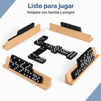 Juego de dominó jumbo para adultos con 4 bastidores de madera/bandejas, juego de viaje de 6 dominó dobles con funda portátil, juego de dominó doble de seis con 4 soportes para azulejos, juego de dominó de 28 azulejos para juegos de mesa familiares