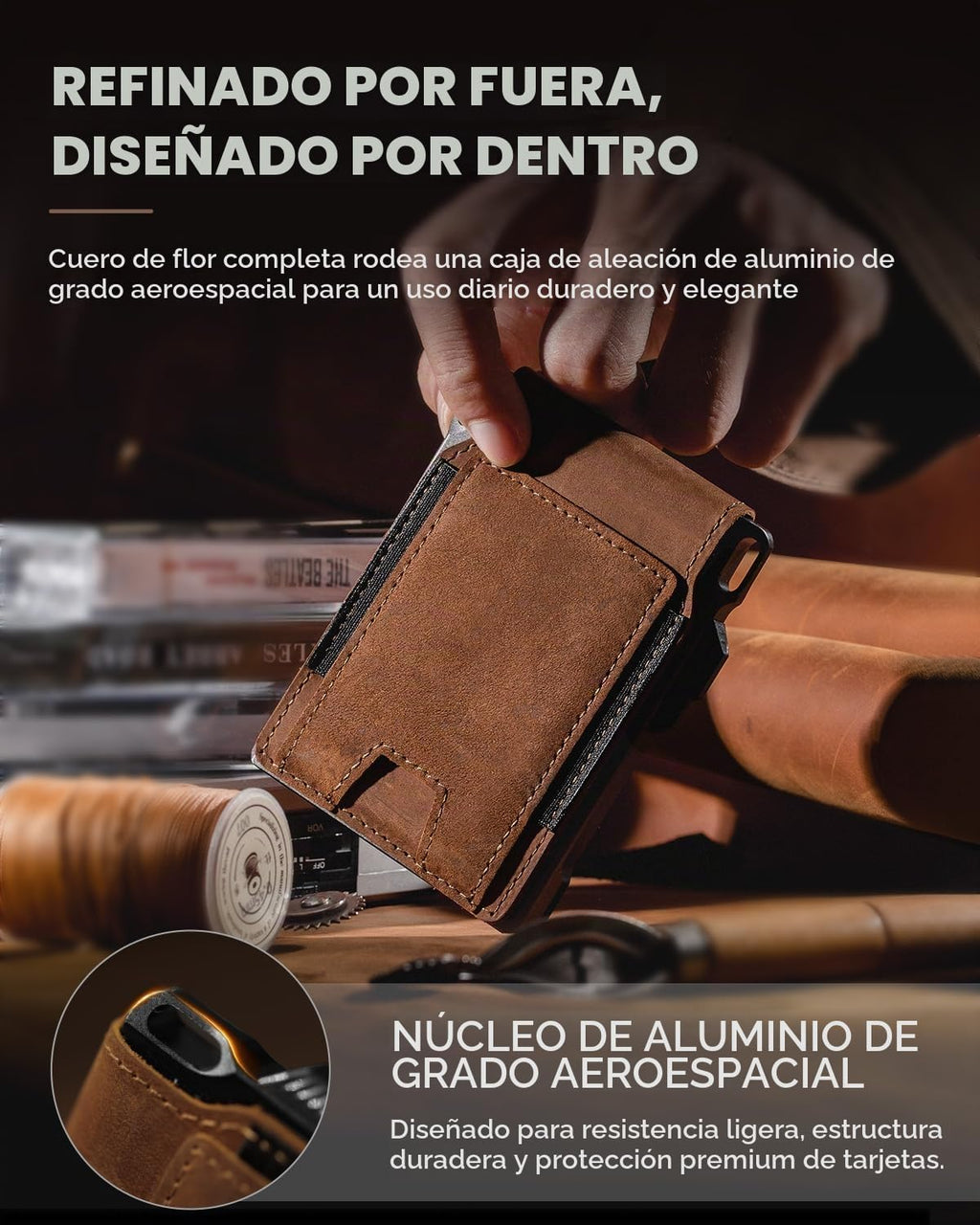 Cartera táctica de piel auténtica para hombre, tarjetero desplegable, inteligente, bloqueo RFID, delgada, minimalista, delgada, bolsillo frontal, capacidad de 12 tarjetas, ventana de