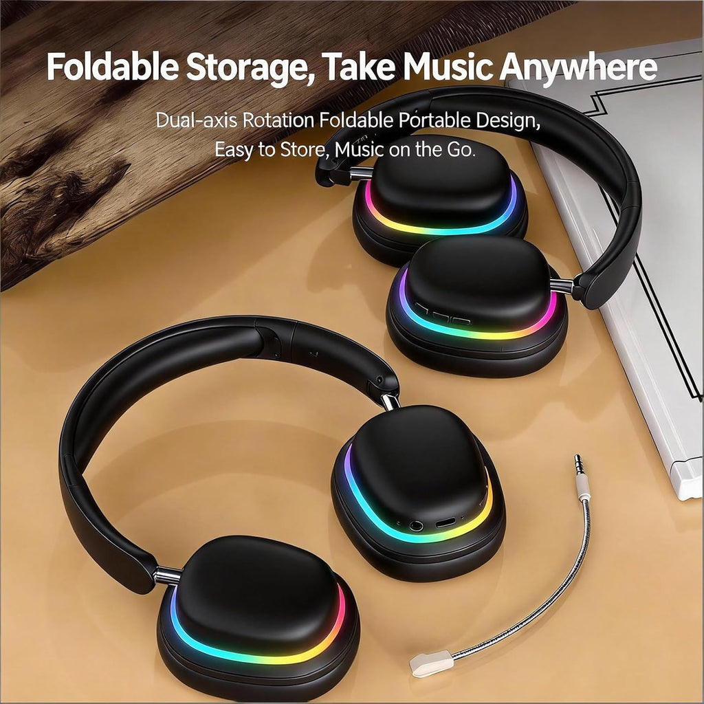 Auriculares inalámbricos Bluetooth sobre la oreja con chip 5.3, tiempo de reproducción de 20 horas, controladores de 1.575 in, diseño plegable y ligero, iluminación RGB, micrófono dual para