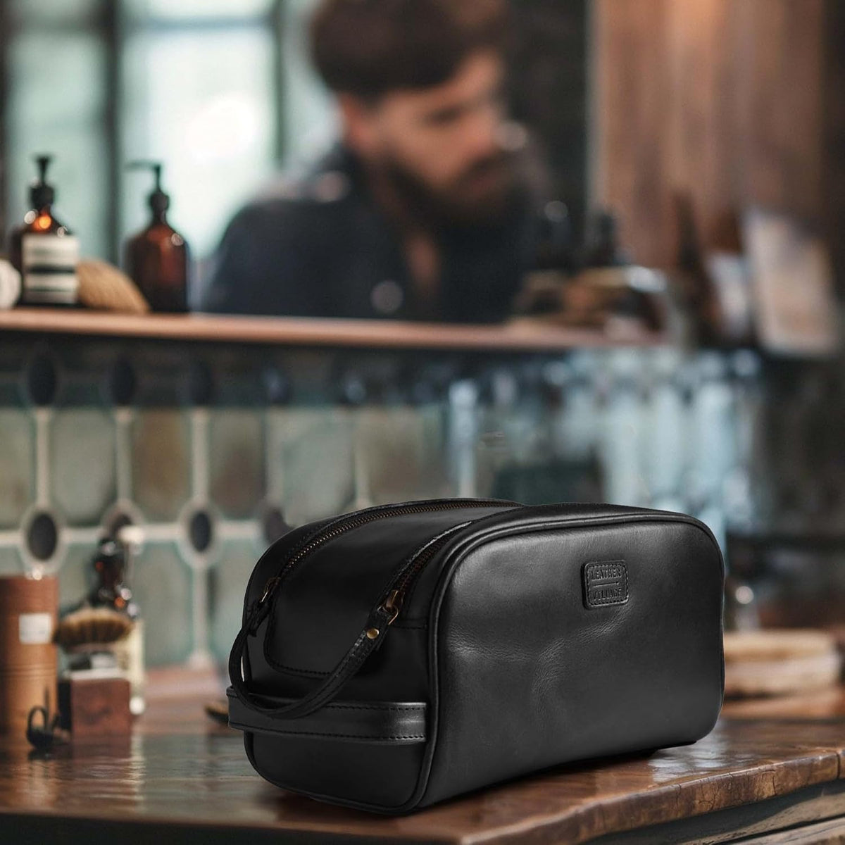 LEATHER VILLAGE - Neceser de cuero para hombre, kit de viaje Dopp Bolsa de afeitar