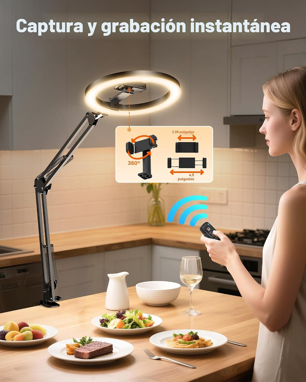 Soporte de Montaje de Teléfono con Cámara Aérea y Anillo de Luz Mejorado para Escritorio, Evershop Luz para Selfie de 10" con Trípode para iPhone, Luz con Soporte para Teléfono para Grabación de Video