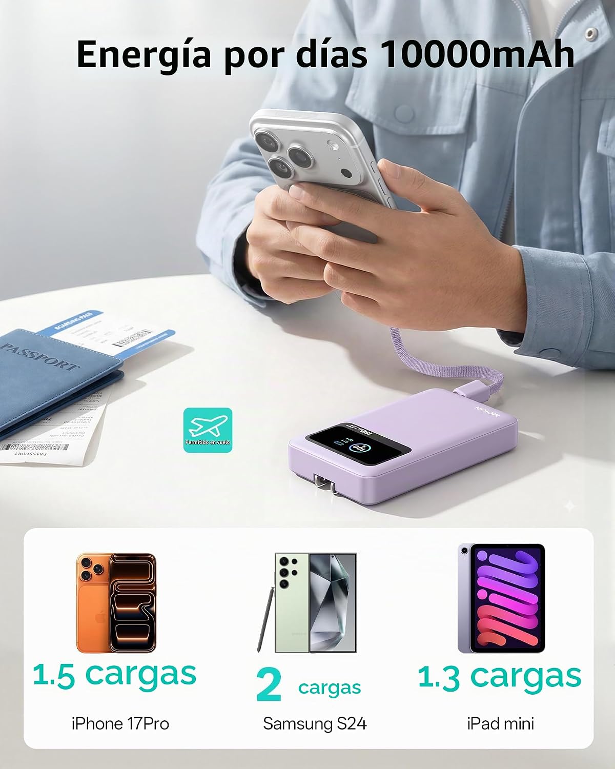 MOKiN Banco de energía 3 en 1, cargador portátil de 10000 mAh 40 W...