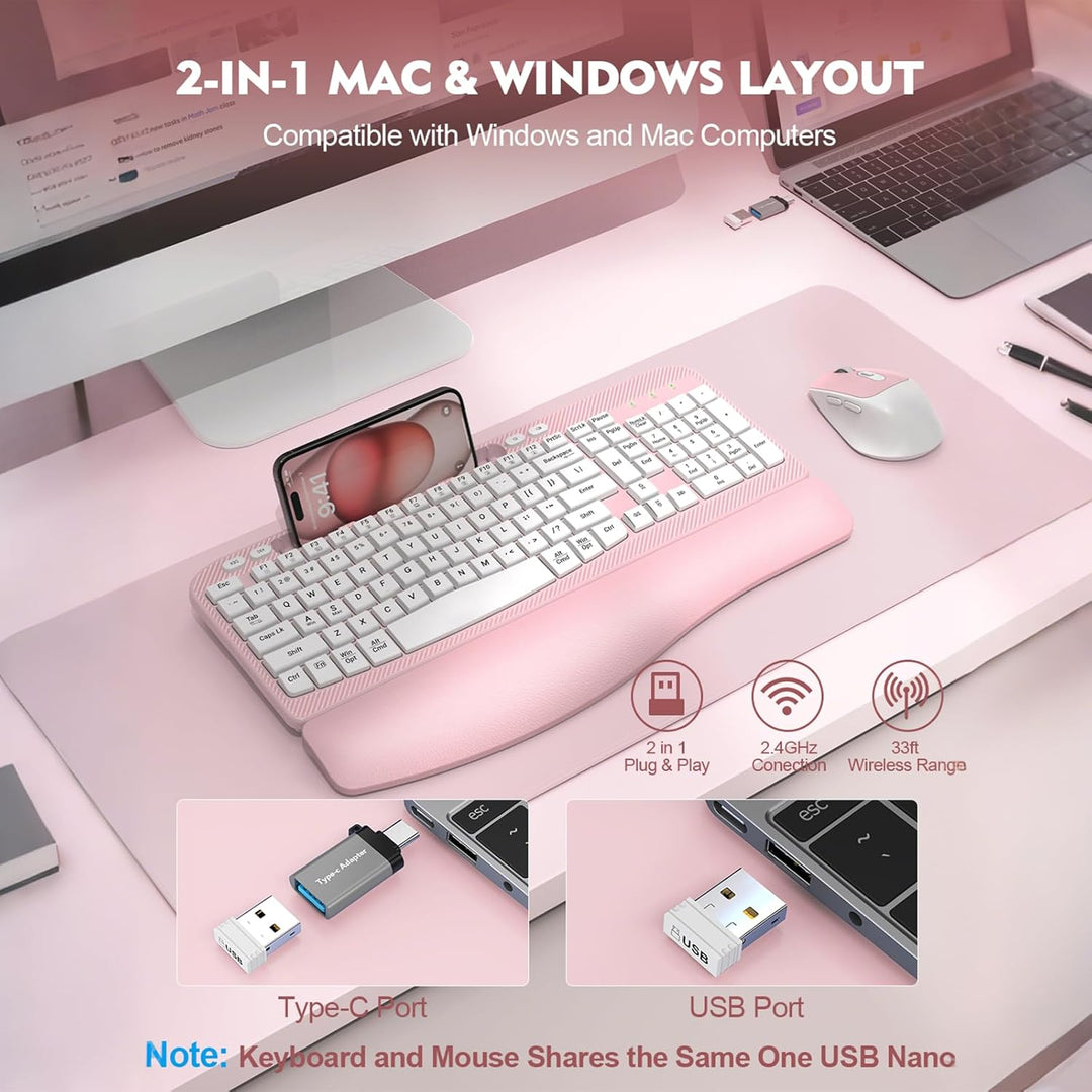 Combo de teclado y mouse inalámbricos, teclado ergonómico de tamaño...